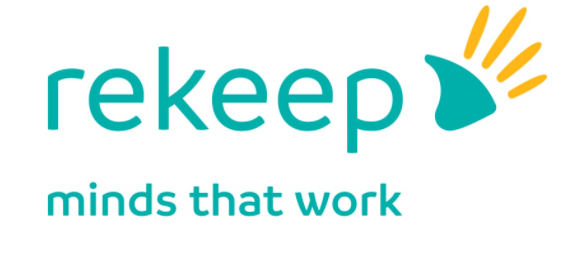 Logo of Rekeep with the slogan 'minds that work' in teal text and an abstract teal and yellow graphic.
