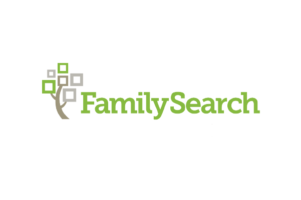FamilySearch logo featuring a stylized tree with square leaves in green and gray, accompanied by the text 'FamilySearch' in green.